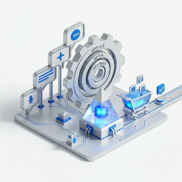 3D isometric render matching Clean Tech Minimalism style representing ChatGPT updates with sleek modern chat bubbles, a futuristic silver gear, and a glowing blue light prism.