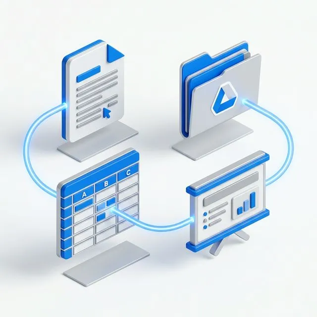 3D isometric render of Google Docs, Sheets, Slides and Drive icons connected by a glowing blue AI light beam on a white background.